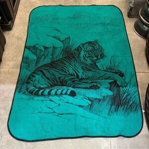 VTG San Marcos Mexico Blanket Tiger Jungle Green Reversible Cobija Approx 60x84